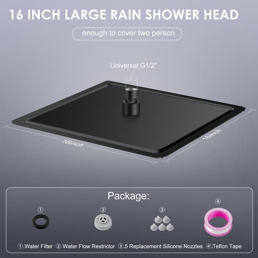 KINLIV Grand pommeau de douche à effet pluie noir mat de 40,6 cm, entièrement en métal en acier inoxydable 304, douche à effet pluie avec 324 buses en silicone – Pommeau de douche carré pour salle de - 6