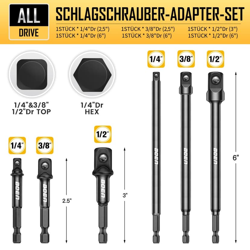 6 Piece Impact Socket Adapter Set, 3" & 6" Hex Extension, 1/4", 3/8", 1/2" Drive, for Power Drill and High Torque Impact Wrench - 2
