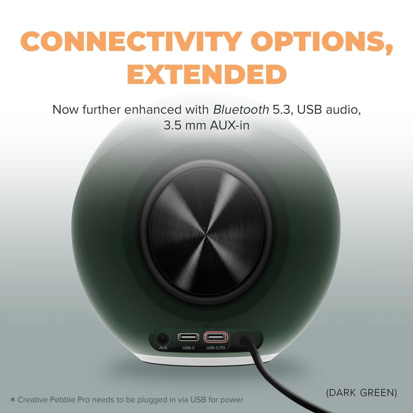 CREATIVE Pebble Pro Minimalist 2.0 USB-C Computer Speakers with Bluetooth 5.3 and Customizable RGB Lighting, Clear Dialog and BassFlex Tech, USB Audio, Headset Port, for PC and Mac - 5