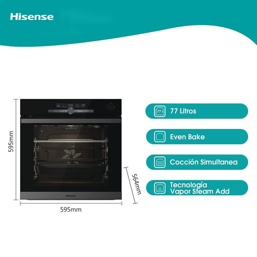 Hisense BSA66334PX Four pyrolytique à vapeur 100% + fonction friteuse à air sans huile, grande capacité 77 L, cuisson simultanée 5 niveaux, ventilateur XXL, Pizza mode 300°, portes amovibles inox - 3