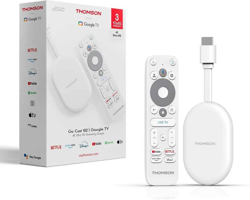 Thomson Go Cast 152 Streaming Dongle, 4K UHD Google TV, Voice Control, Google Cast, Dolby Atmos, Dolby Digital+, HDR10, Portable, 2 GB RAM, 32 GB Storage - 1