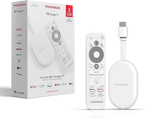 Thomson Go Cast 152 Streaming Dongle, 4K UHD Google TV, Voice Control, Google Cast, Dolby Atmos, Dolby Digital+, HDR10, Portable, 2 GB RAM, 32 GB Storage
