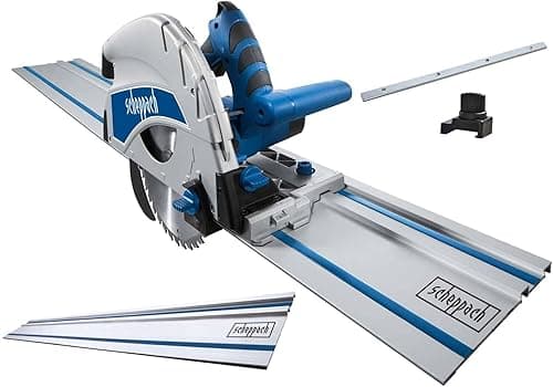 Scheppach Scie plongeante PL75 | Rail de guidage de 1400mm | Puissance 1600W | Profondeur de coupe 75mm | Lame de 160mm 36D | Inclinable avec protection contre le basculement jusqu'à 45°