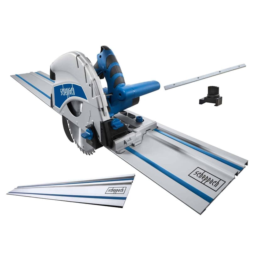 Scheppach Scie plongeante PL75 | Rail de guidage de 1400mm | Puissance 1600W | Profondeur de coupe 75mm | Lame de 160mm 36D | Inclinable avec protection contre le basculement jusqu'à 45° - 1