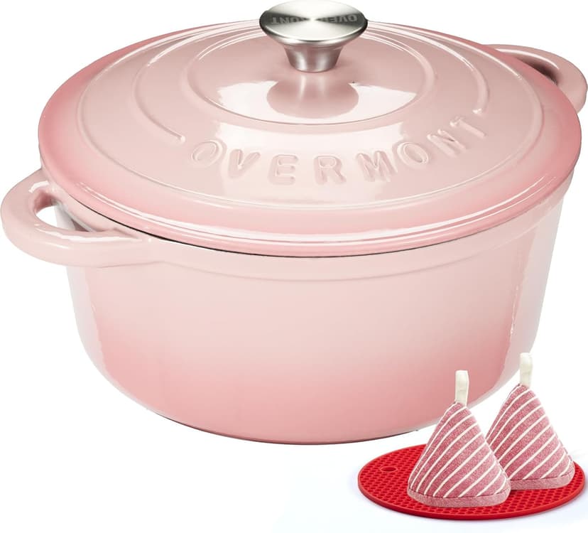 Overmont Cocotte en Fonte Émaillée - Ø26 cm Casserole Antiadhésive Avec Couvercle et Maniques en Coton - Batterie de Cuisine Robuste pour Braiser Ragoûts Rôtir Pain - Rose pastel - 1