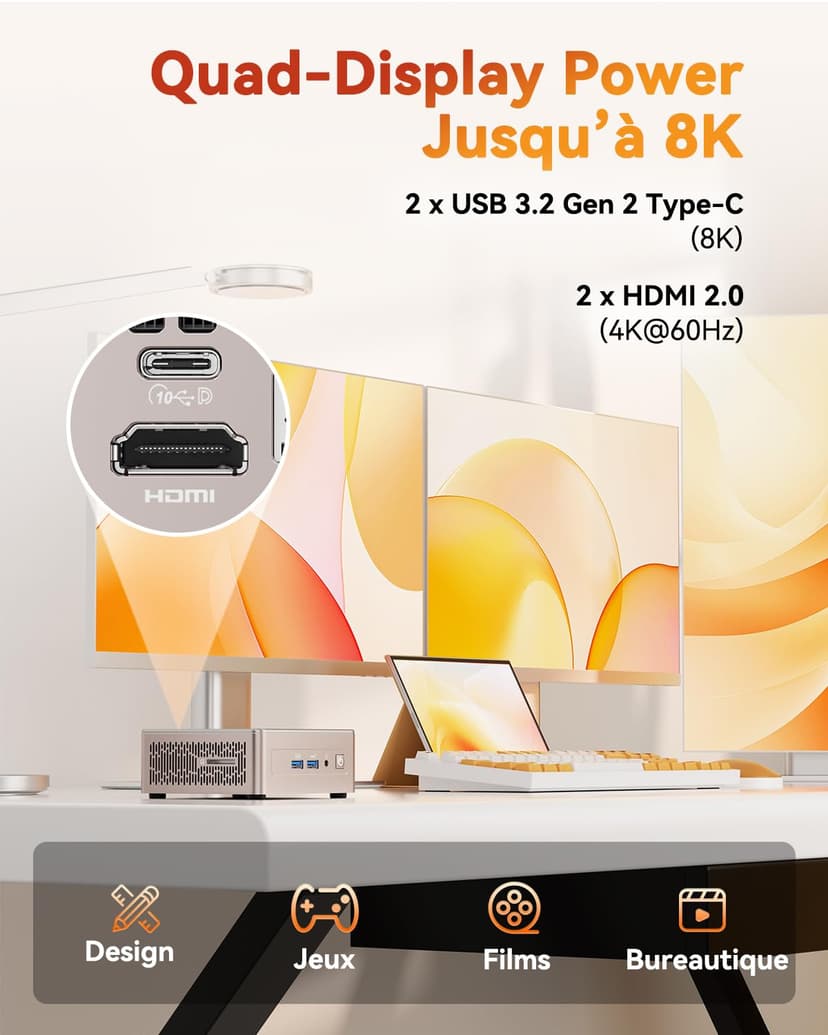 GEEKOM A5 Mini PC avec AMD Ryzen 7 5825U(jusqu'à 4,5 GHz), Graphiques Vega 8, 32Go DDR4 RAM, 512Go SSD, Lecteur SD, Muet Compatible 4 écrans 8K UHD, 2.5G LAN, 3ans d'assistance, Office Home - 8