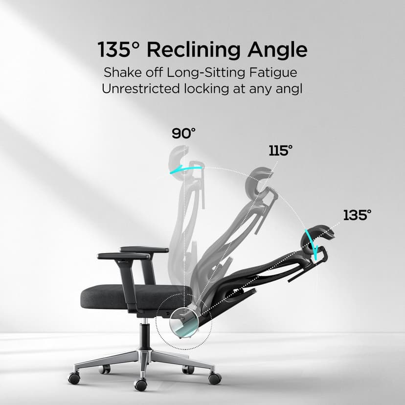 Hbada P3 Pro Ergonomic Office Chair with 2D Adjustable Lumbar Support, 3D Adjustable Headrest and Armrest, 135° Stepless Tilt Function, Black - 6