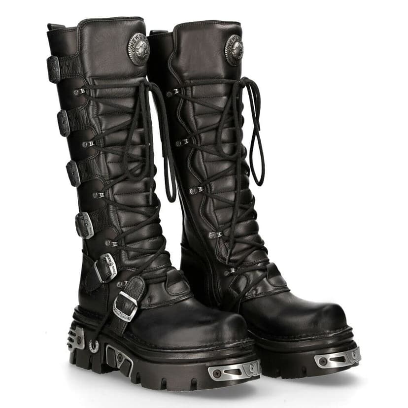 New Rock 272-S1 Bottes Hautes Gothiques Emo en Cuir Noir Métallisé Avec Lacet et Fermeture à Boucle 6.5 - 3