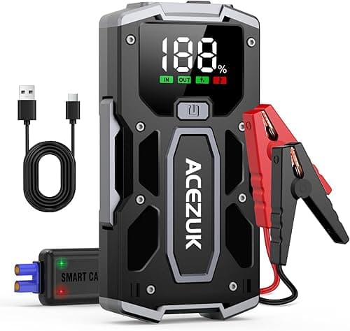 Battery Jump Starter, 6000A Jump Smart(10.0L Gas/8.0L Diesel), Portable Car Starter Battery Pack with Extended Smart Jumper Cables, Car Jump Starter with Large Display, Quick Charge, Lights