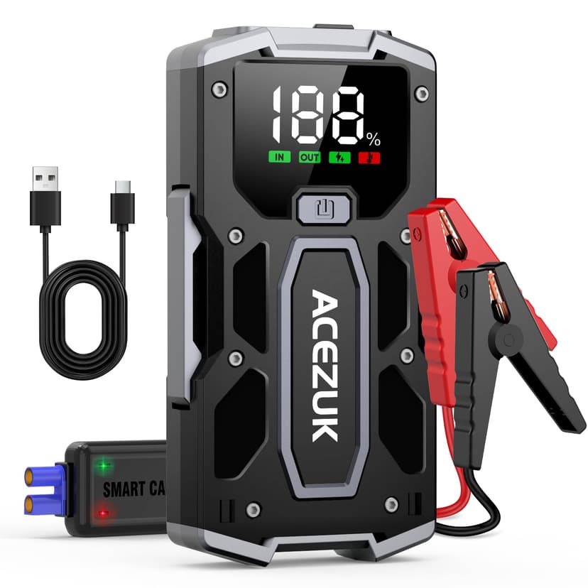 Battery Jump Starter, 6000A Jump Smart(10.0L Gas/8.0L Diesel), Portable Car Starter Battery Pack with Extended Smart Jumper Cables, Car Jump Starter with Large Display, Quick Charge, Lights - 1