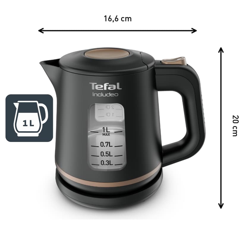 Tefal KI5338 Includeo Kettle | Capacity 1 Litre | Non-Slip Handle | Easy to Read Water Level | 360° Swivel Base | Removable Filter | Black/Copper - 2