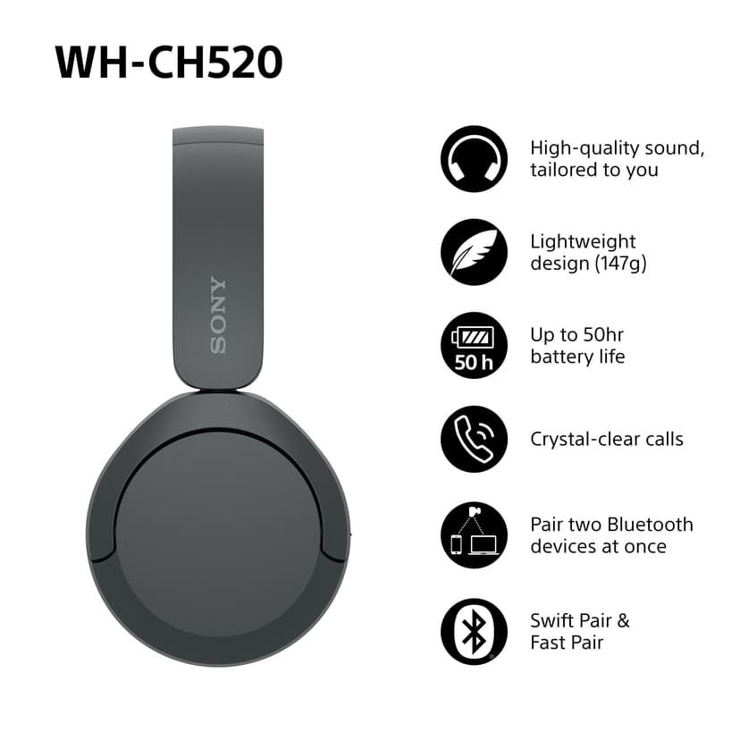 Sony WH-CH520 Wireless Bluetooth On-Ear Headphones, Lightweight Design, Up to 50hr Battery Life, Quick Charge, EQ, Clear Call Quality, iOS & Android - Black - 2