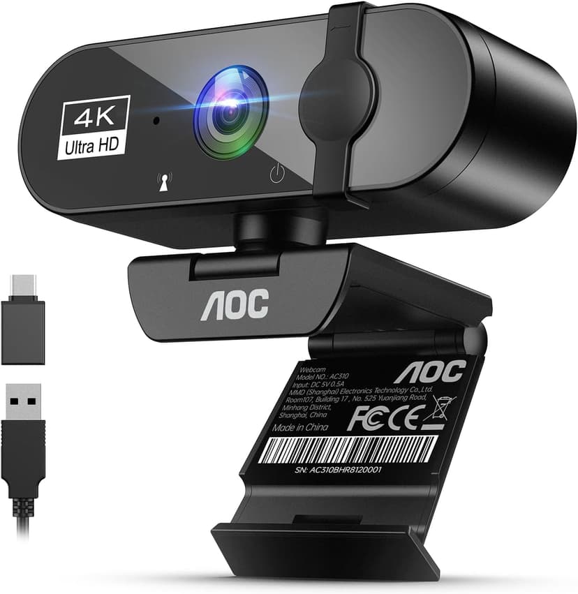AOC Webcam for PC with Microphone, 4k Computer Camera with Noise Cancellation, Web Camera with Privacy Cover, 99° FOV, Plug & Play, Web Cam for Laptop, Desktop, PC, Zoom, Teams, Facetime, Conferencing - 1