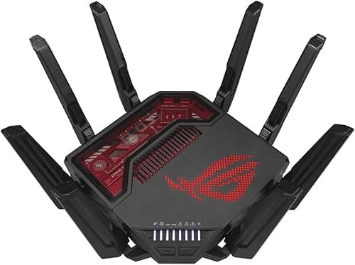ASUS ROG Rapture GT-BE19000 Tri-band WiFi 7 Gaming Router (320MHz Channels & 4k-QAM, MLO, 2x 10G ports, AI WAN detection, Triple-level Game Acceleration, AiMesh, free network security, VPN features)