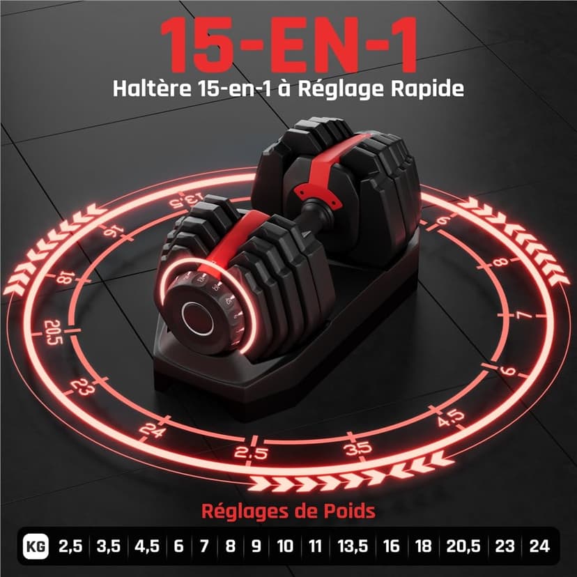 Yaheetech Haltères Réglables 2,5 à 24 kg 15 en 1 avec Base de Rangement, Système de Verrouillage de Sécurité, Poignée Antidérapante pour Entraînement à Domicile, Salle de Sport - 3