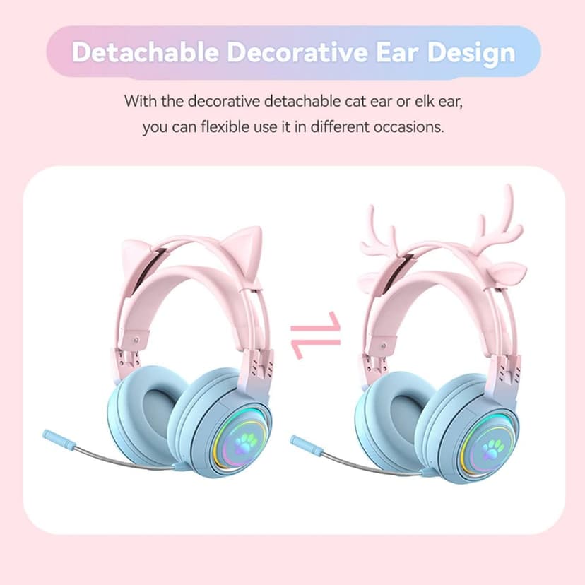 RGB Cat Ear Headphones,Bluetooth 5.3 Stereo Gaming Headset Over Ear Wireless Earphones with 50MM Driver/Detachable Mic/Elk Ears for Kids Adults - 6