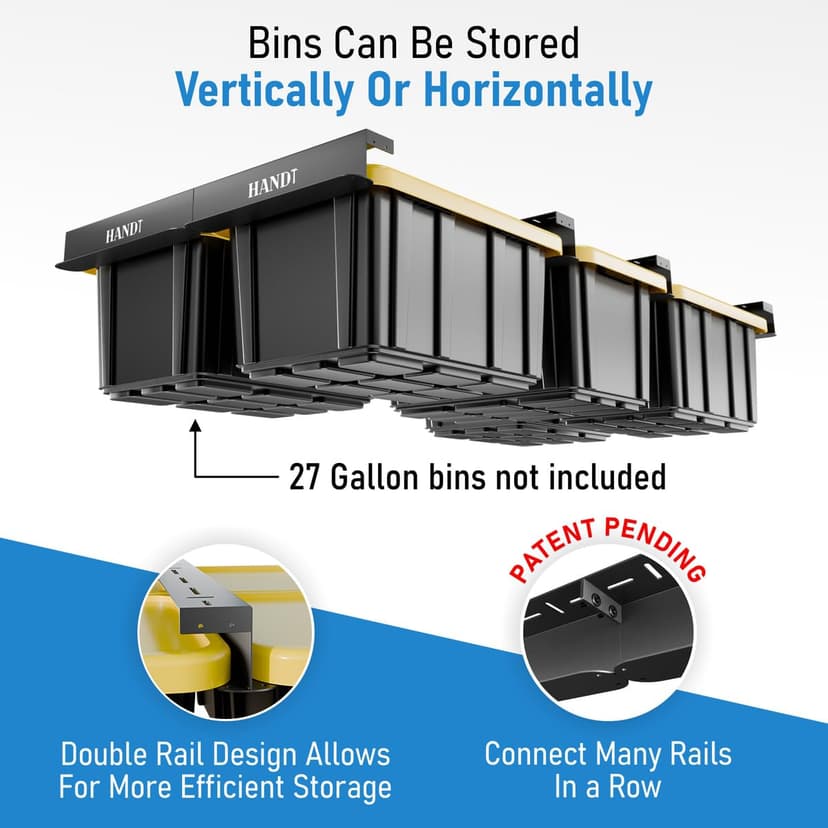 HANDT Overhead Garage Storage Rack, Connectable Heavy Duty Metal Ceiling Rails For Garage Storage Organization Shelving System (Black, 6 Bins) - 2