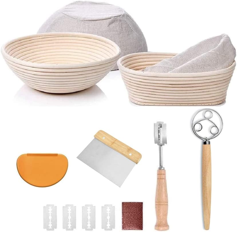 YAANI Lot de 2 paniers à pain ronds de 22 cm et 25 cm ovales pour banneton, corbeille à pain + manche en bois et racleur à pâte avec 5 lames + racleur à pâte en plastique +pour pain à levain - 1