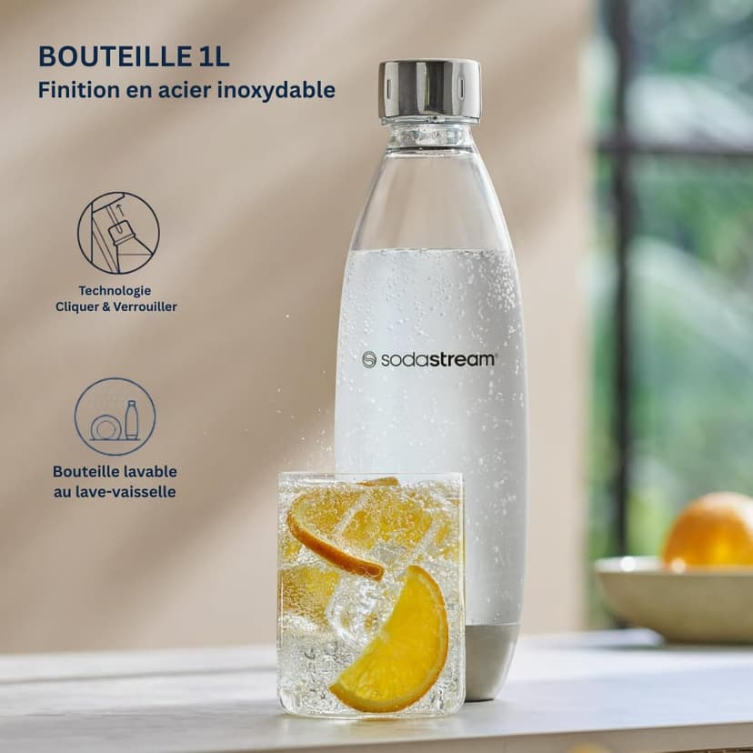 Sodastream Duo Sparkling Water and Soda Machine for Glass Jug | Pack of 1 Glass Jug 1L + 1 Bottle 1L Stainless Steel Finish Dishwasher + 1 60L Gas Refill Clip | Black - 6