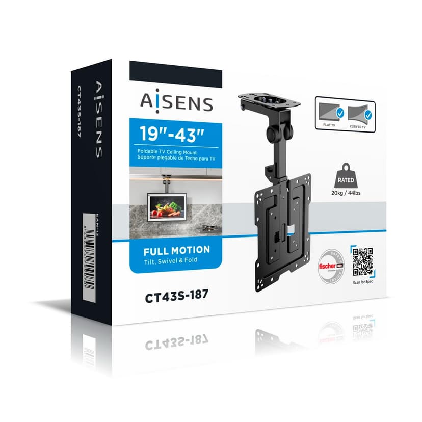 AISENS - CT43S-187 - Swivel Ceiling Stand, Foldable for Monitor/TV 20 kg of 19-43, Black - 8