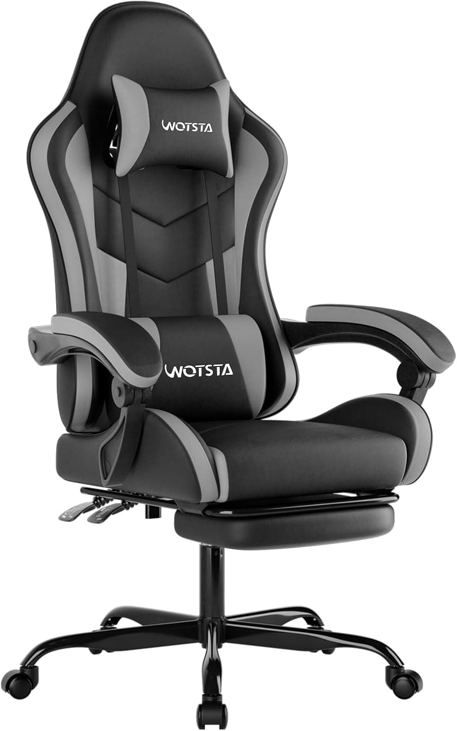 WOTSTA Gaming Chair with Footrest, Ergonomic Gaming Chair, Computer Chair with Lumbar Support, Head Rest, Height Adjustable PC Chairs with 360°-Swivel Seat for Office or Gaming, Black Grey