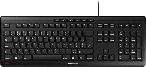 CHERRY STREAM KEYBOARD, Wired Keyboard, Belgian Layout (AZERTY), Whisper-Quiet Keystrokes, Unique Typing Experience, Flat Design, Black