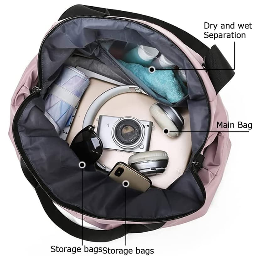 Vllcsla Sac de Sport Femme Petit, Poche Humide, 45x27x20 cm, Imperméable Sac à Bandoulière de Sport/Voyage, Sacs de Week-End à Main, Sacs de Voyage Femme Piscine, Léger, Doux (Rose foncé) - 6