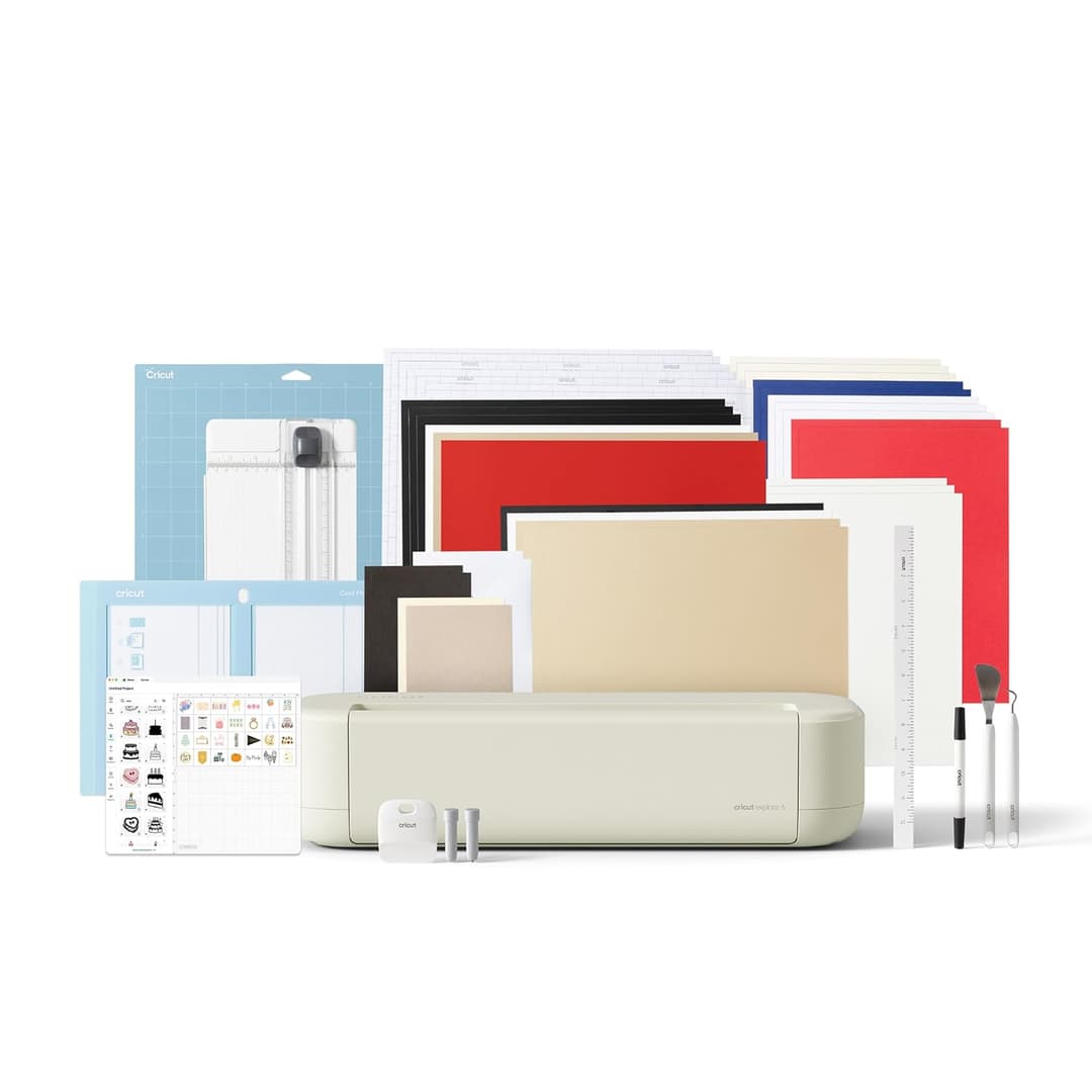 Cricut Explore® 5 Essential Bundle + Digital Content Smart Cutting Machine - perfect for projects like custom vinyl decals, T-shirts, full-color stickers, cards, and more.