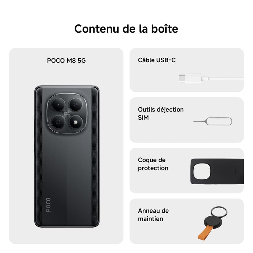 Xiaomi POCO M8, Smartphone 8+512 Go, Écran AMOLED FIow 120Hz de 6,77", Snapdragon® 6 Gen 3, Double caméra AI 50 Mpx, Design élégant incurvé en 3D, Noir, Garantie 2 Ans, Chargeur Non Inclus - 5