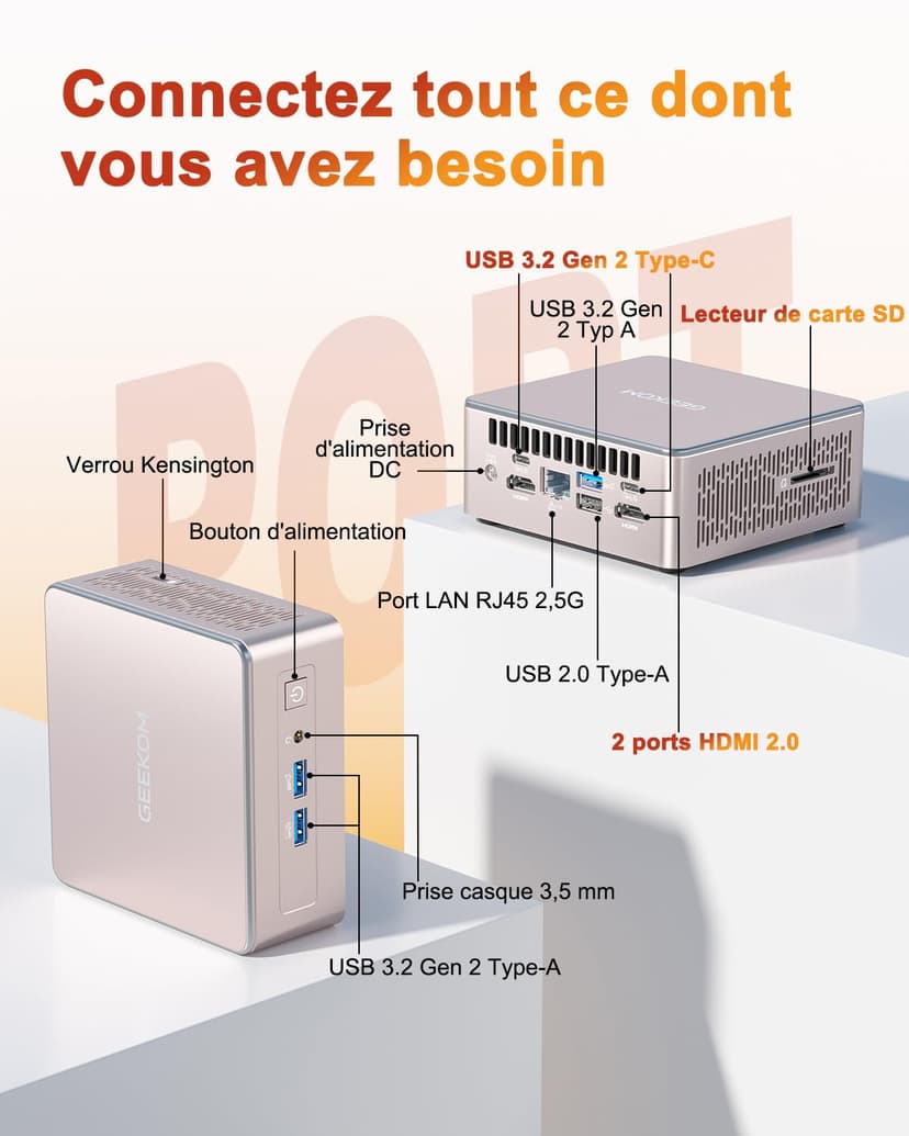 GEEKOM A5 Mini PC avec AMD Ryzen 7 5825U(jusqu'à 4,5 GHz), Graphiques Vega 8, 32Go DDR4 RAM, 512Go SSD, Lecteur SD, Muet Compatible 4 écrans 8K UHD, 2.5G LAN, 3ans d'assistance, Office Home - 6