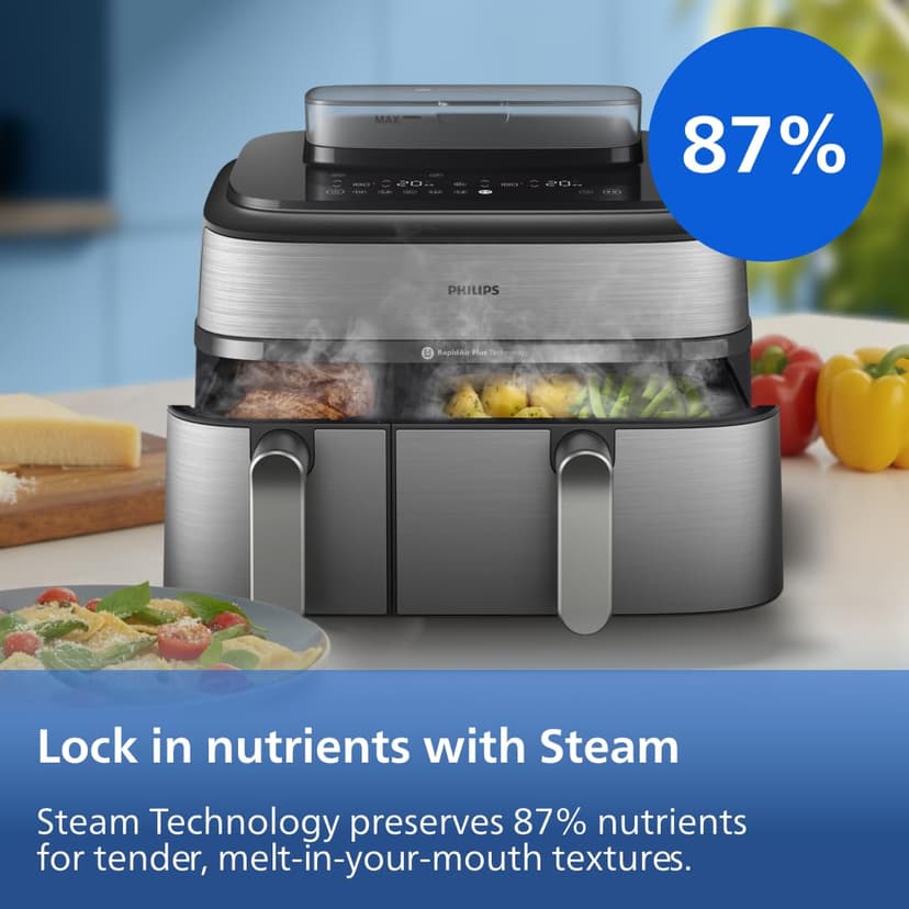 Philips Steam Airfryer 5000 Series Dual Basket - Airfryer & Steamer, 9 Litre, RapidAir Plus, 19 Cooking Functions, 90% Less Fat, 2 Baskets, Steam Cleaning, Silver (NA555/00) - 7