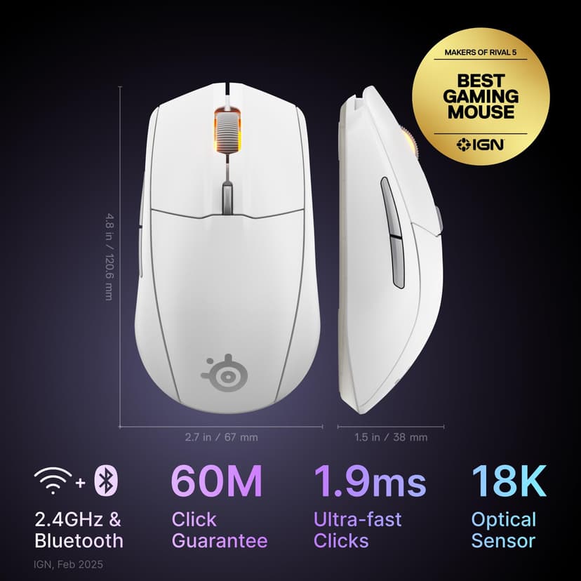 SteelSeries Rival 3 Wireless Gen 2 Gaming Mouse - 2.4GHz and Bluetooth - 18000 DPI TrueMove Air Optical Sensor - 60 Million Click Durability - Light-Weight - 100% PTFE Feet - White - 2