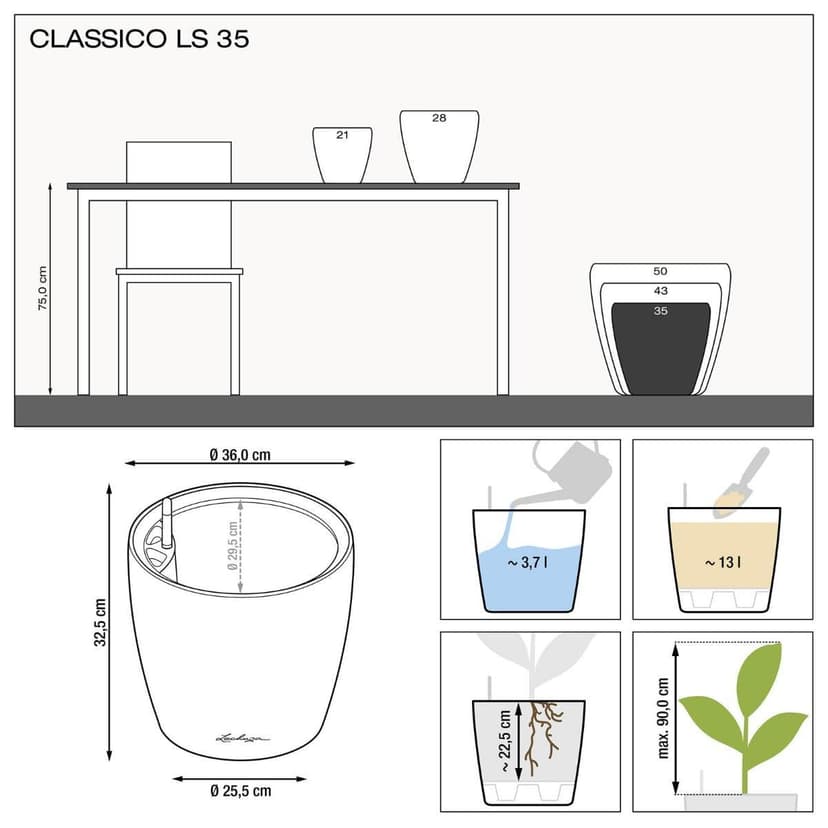 Lechuza Self Watering Plant Pot CLASSICO 35 LS Garden Flower Indoor and Outdoor Plastic Planter with Drainage Hole D35 H33 cm White High-Gloss - 7