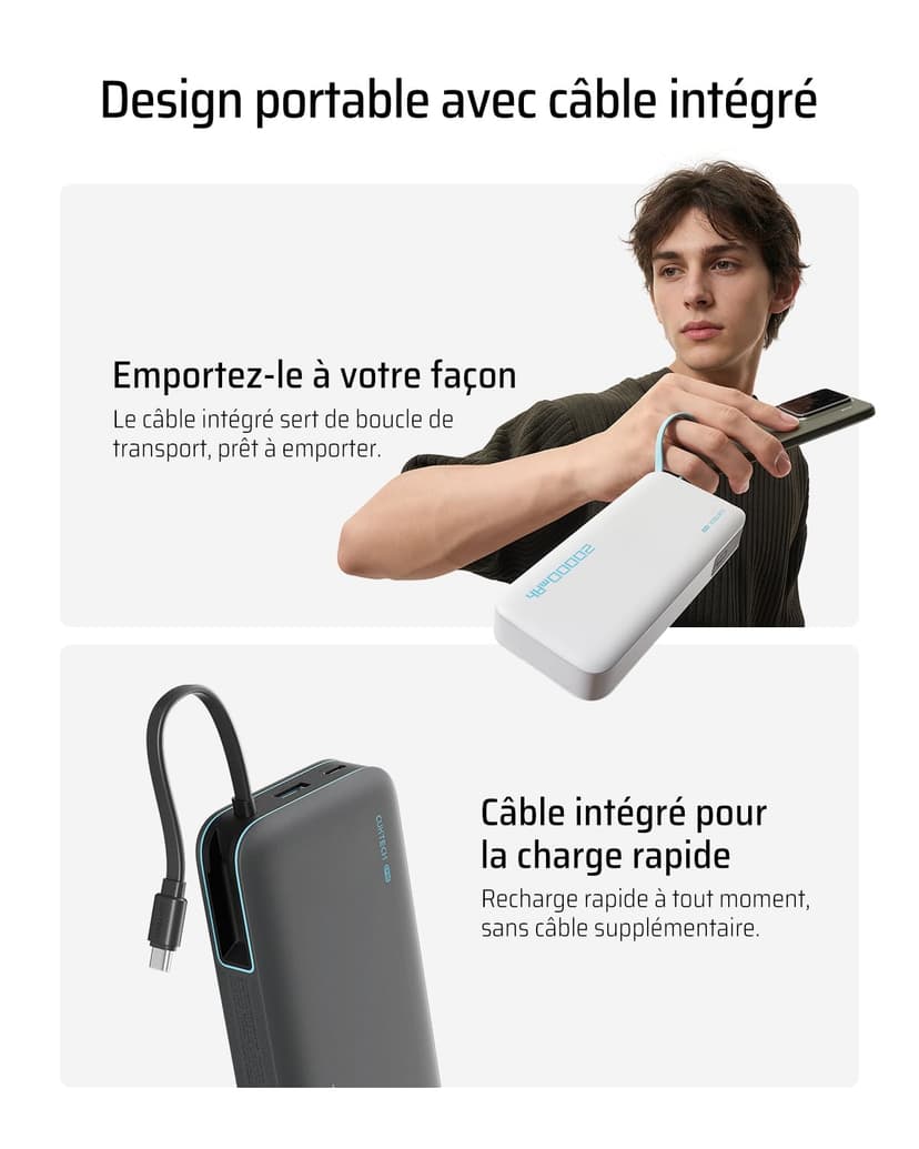 CUKTECH 45W Batterie Externe 20000mAh Power Bank, Batterie Externe Charge Rapide avec Cable Intégré USB C, Batterie Portable pour iPhone 17/16/15/14/13, Samsung, Xiaomi, iPad, MacBook, Switch - 4