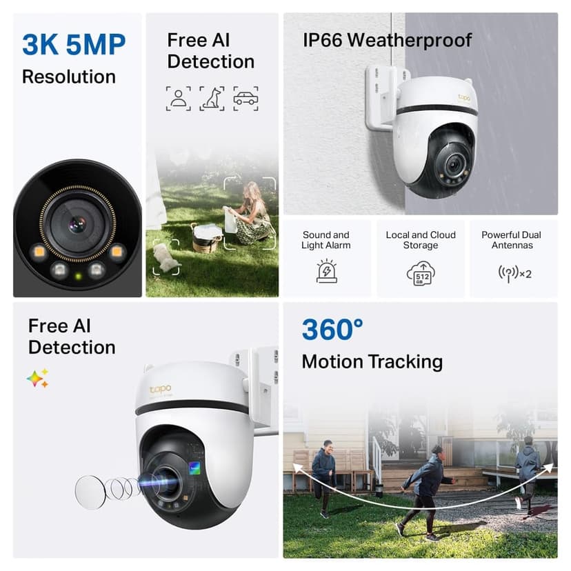 Tapo C530WS 360° Outdoor Surveillance Camera, 3K 5MP, Starlight Colour Night Vision, AI Detection, Motion Tracking, WiFi or Ethernet, MicroSD Card up to 512GB - 2