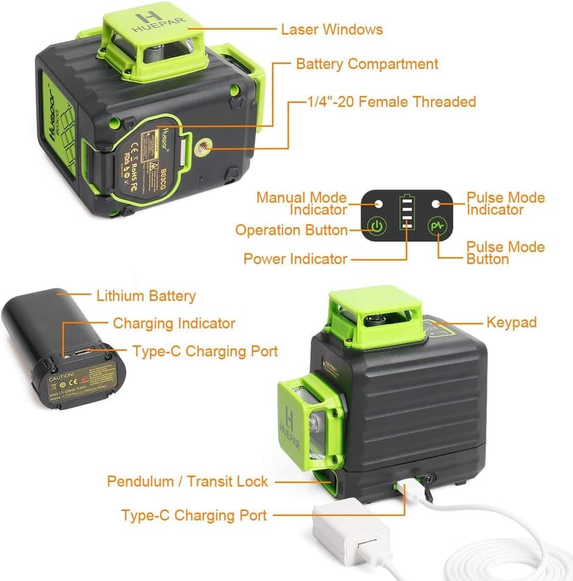 Niveau Laser Vert, Huepar 3x360 avec Batterie Li-ion Rechargeable, Laser Level Auto-nivellement, avec Port de Charge de Type-C et Étui de Transport à Coque Rigide Inclus - B03CG Pro - 8