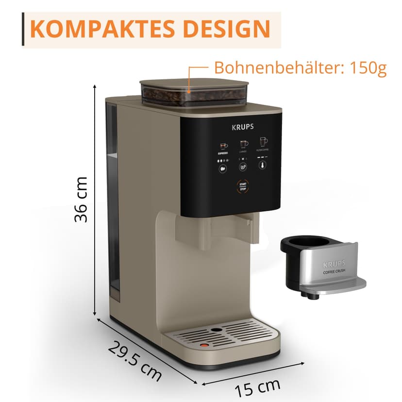 KRUPS Coffee Crush Superautomatic Coffee Maker 15 Bar 3 Coffee Recipes 3 Temperature Levels Touch Screen Compact 15 cm Wide SA402AE0 - 9