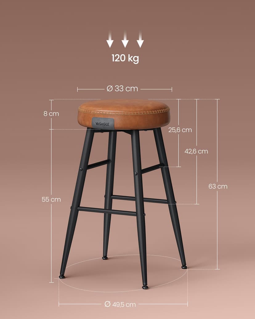 VASAGLE EKHO Collection Set of 2 Bar Chair, Kitchen Chair, PU with Stitching, Mid-Century Modern Style, Seat Height 63 cm, Kitchen, Bar, Easy Assembly, Caramel Brown LBC080K01 - 8