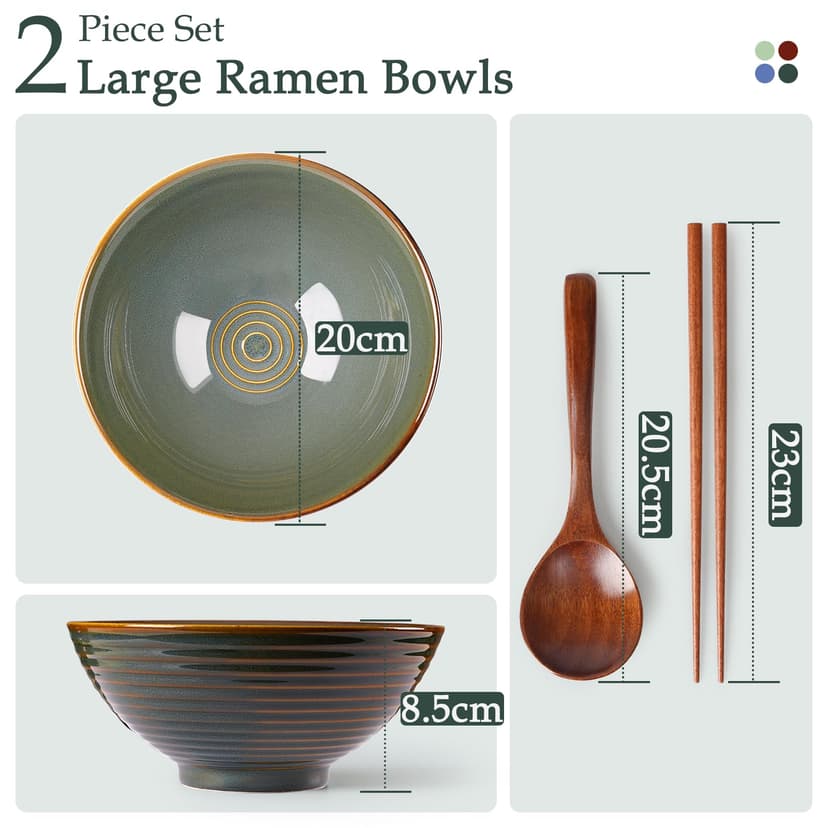 NUTRIUPS Lot de 2 bols à ramen en céramique de 1200 ml avec baguettes et cuillères, grand bol à soupe de 20 cm, vert mer profond - 2