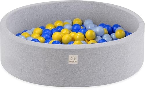 Misioo Smart Ball Pool for Children's Room – 200 Balls – Toy – Machine Washable, Oeko-Tex Certified – 90 x 30 cm, Light Grey – Blue/Yellow/Light Blue