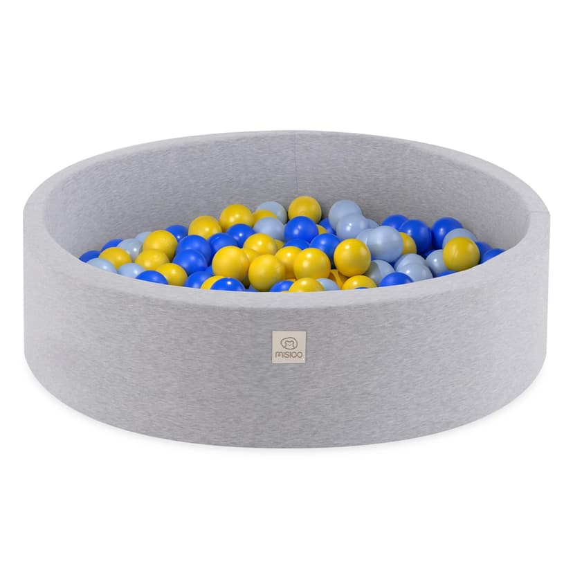 Misioo Smart Ball Pool for Children's Room – 200 Balls – Toy – Machine Washable, Oeko-Tex Certified – 90 x 30 cm, Light Grey – Blue/Yellow/Light Blue - 1