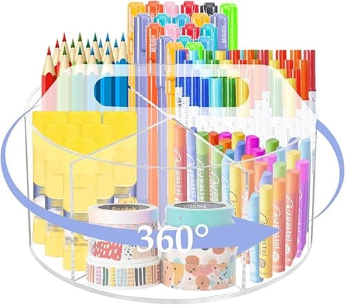 Qivine Pen Holder, 360° Rotating Desk Pen Holder, Clear Acrylic Desk Pen Holder with 6 Compartments and Handle, for Storing Stationery Makeup Crafts