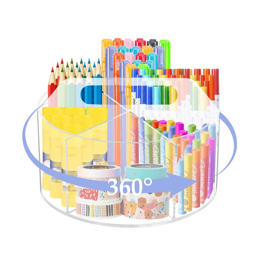 Qivine Pen Holder, 360° Rotating Desk Pen Holder, Clear Acrylic Desk Pen Holder with 6 Compartments and Handle, for Storing Stationery Makeup Crafts - 1