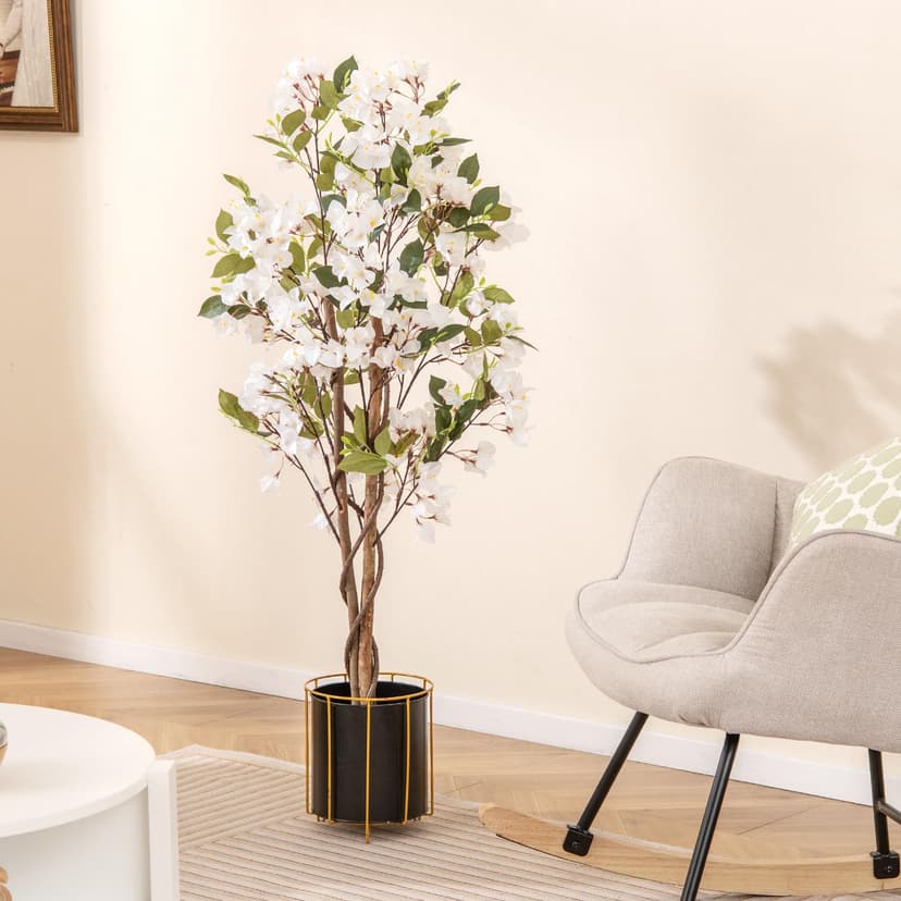 GIANTEX Bougainvillea artificiel de 120 cm de haut, faux bougainvillier en pot avec fleurs ouvertes et branches réalistes, plante décorative pour entrée, salon, bureau (blanc) - 2