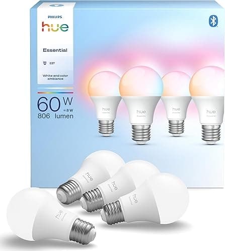 Philips Hue Essential Ampoule Connectée LED A60, White and Color Ambiance, Ampoule Philips Hue E27, 8W, 2200-6500 K, 806 lm, Intensité réglable, Compatible Alexa, Google et Apple Home, Pack de 4