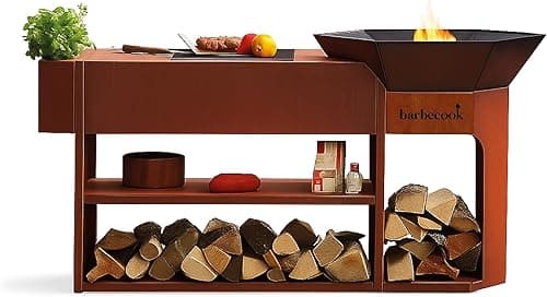 Barbecook Nestor Island Fire Bowl with Fire Plate BBQ Grill and Plancha Made of Corten Steel, 190 x 55 x 100 cm