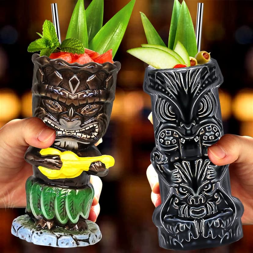 Tiki Mugs Glasses Mug for Cocktails Set of 4 Large Ceramic Tropical Cups Hawaiian Party Creative Cocktail Glass Drinks Bar Drinkware Premium Tropical Exotic Cute Barware 4 Packs - 4