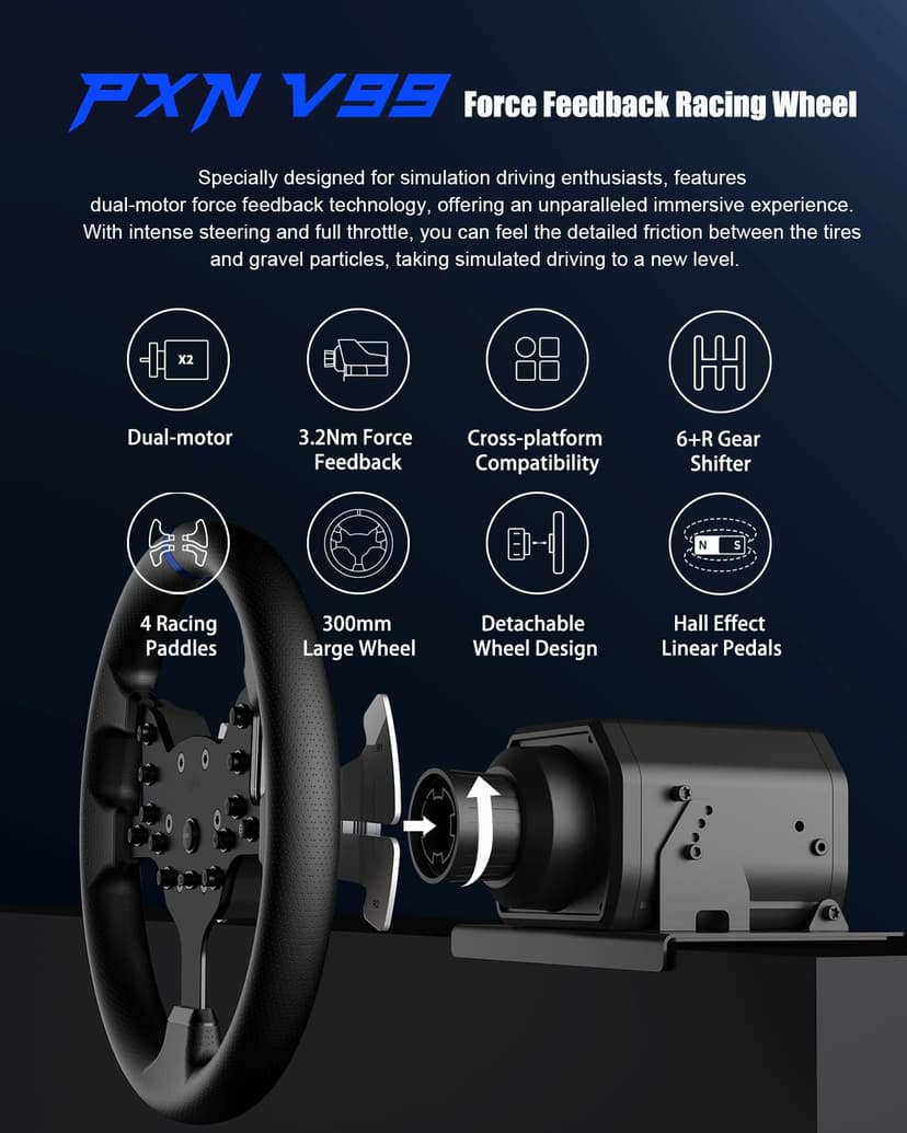 PXN V99 Gaming Steering Wheel, Driving Force Feedback Steering Wheel with Pedals and Shifter - 3.2NM, 270°&900°, 11.8 inch, 4 Paddle Shifters, Tools APP - Racing Steering Wheel for PC, Xbox and PS4 - 3