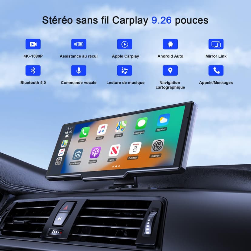 Avylet 9,26'' Carplay Voiture Apple CarPlay & Android Auto, dashcam Avant 4K + caméra de recul HD, 60FPS, Mise à Jour OTA, GPS, Commande vocale, Mirror Link, Bluetooth 5.2, AUX, FM,avec 64Go Carte - 2