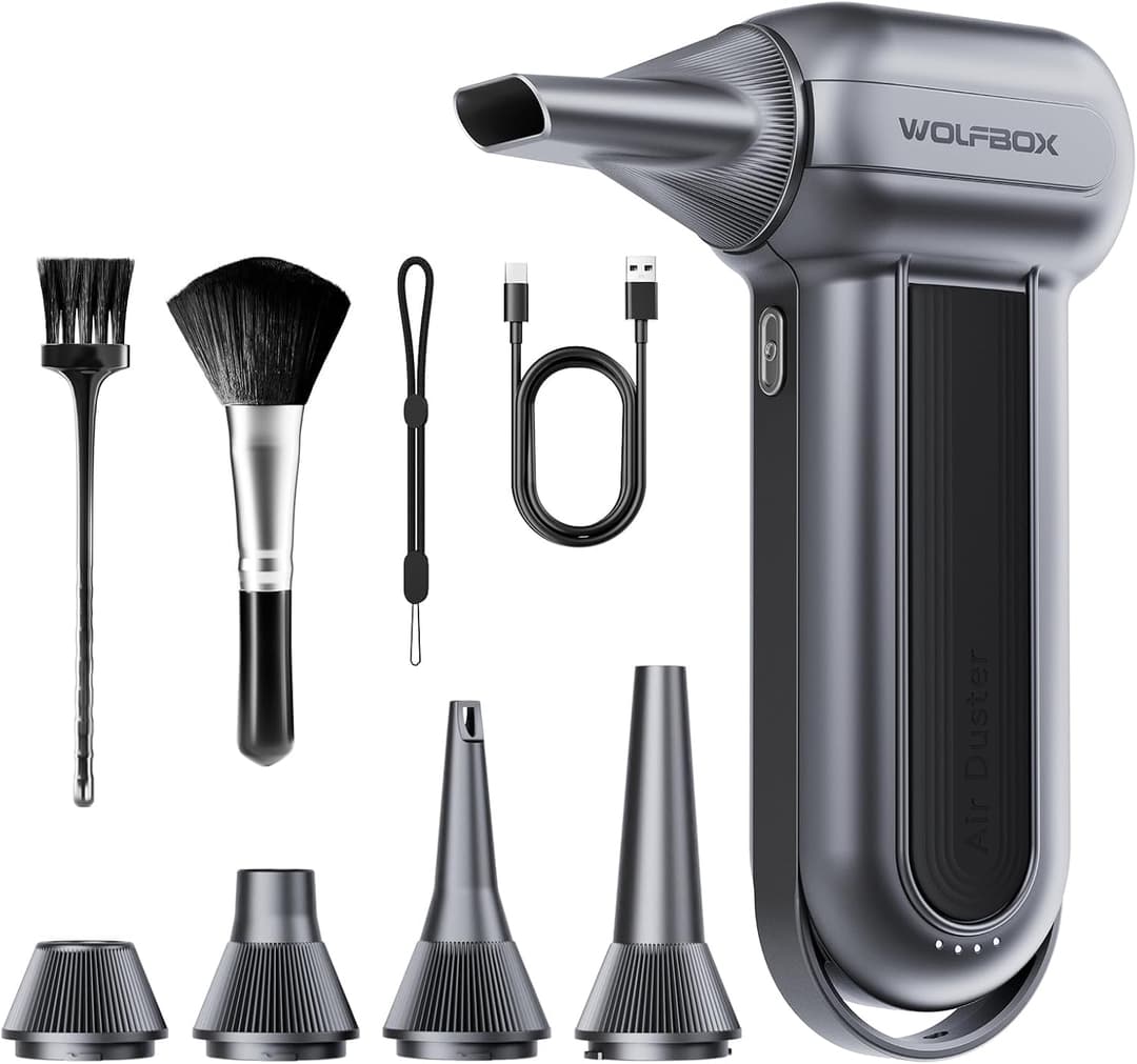 WOLFBOX MF100 Compressed Air Duster-150000RPM Super Power Cordless Air Duster, Rechargeable Brushless Motor Durable Blower, 3-Gear Adjustable Dust Blower for Computer, Keyboard, Outdoor, House and Car